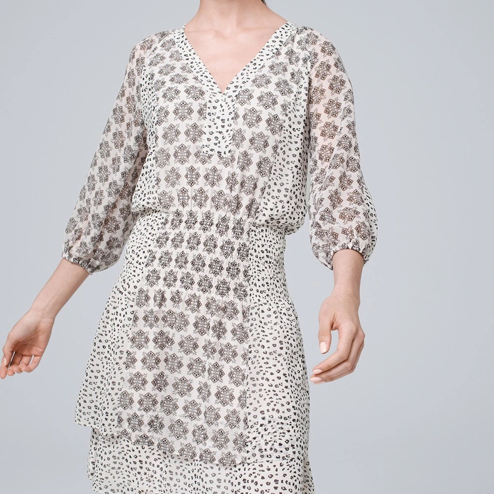 MIXED PRINT TIERED BLOUSON DRESS Brand New